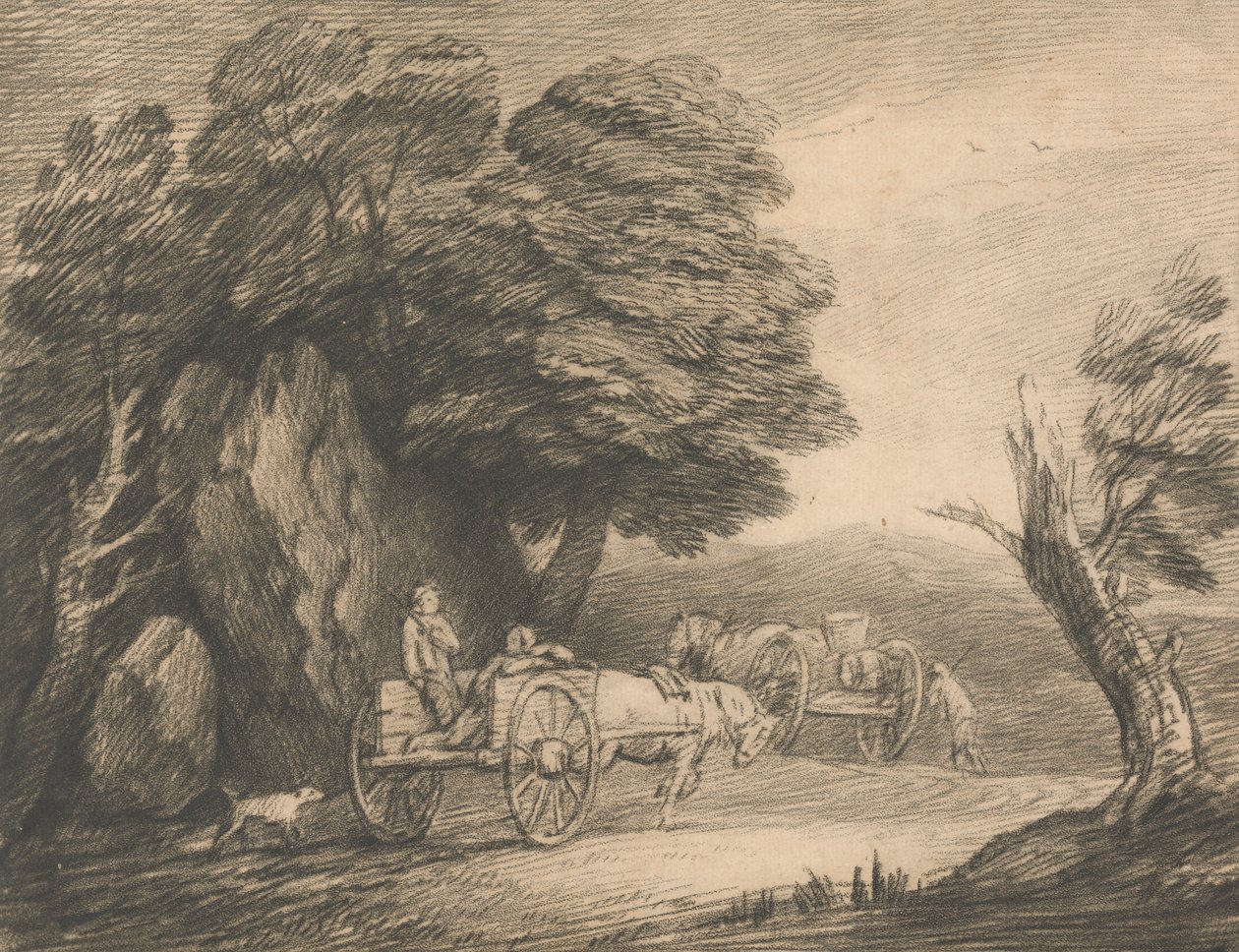 Skogbevuxen landskap med två land vagnar och figurer av Thomas Gainsborough