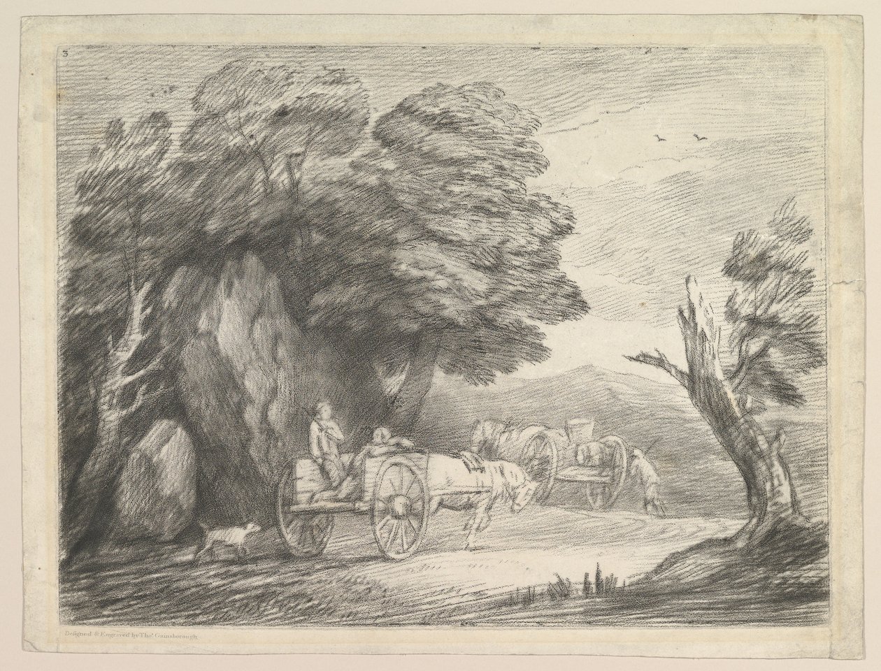 Skogbevuxen landskap med två landskärror och figurer, 1 augusti 1797. av Thomas Gainsborough