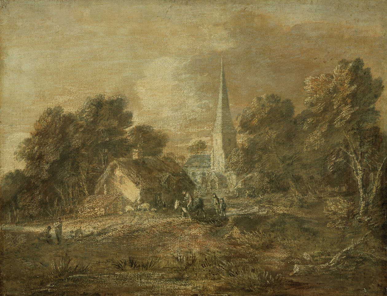 Skogbevuxen landskap med byscen av Thomas Gainsborough