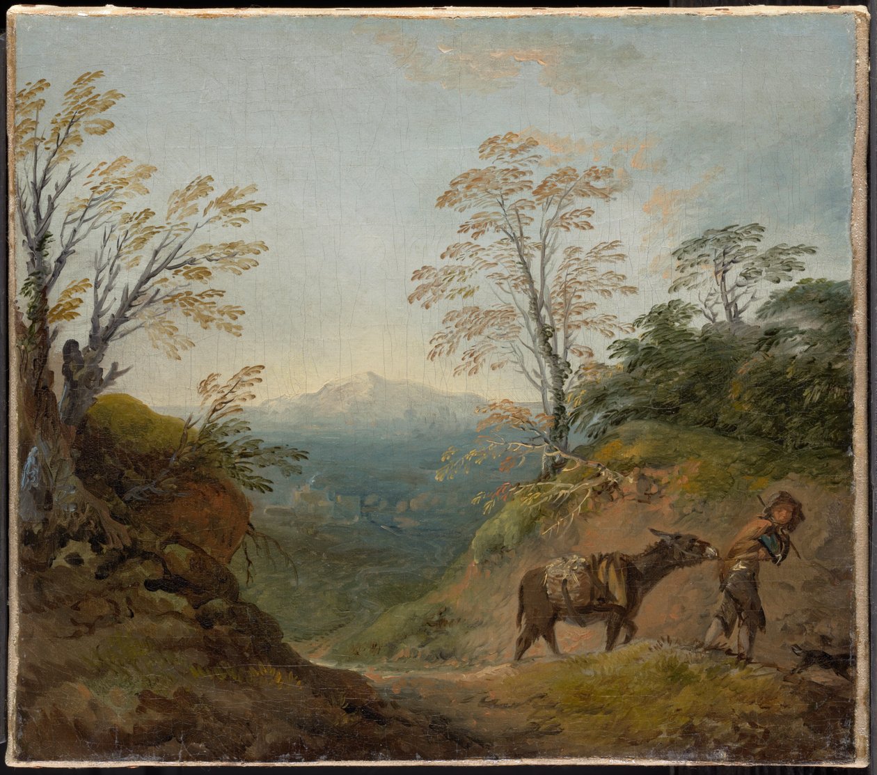 Skogslandskap med en pojke som leder en åsna och en hund, och ett vidsträckt panorama med byggnader och avlägsna kullar av Thomas Gainsborough