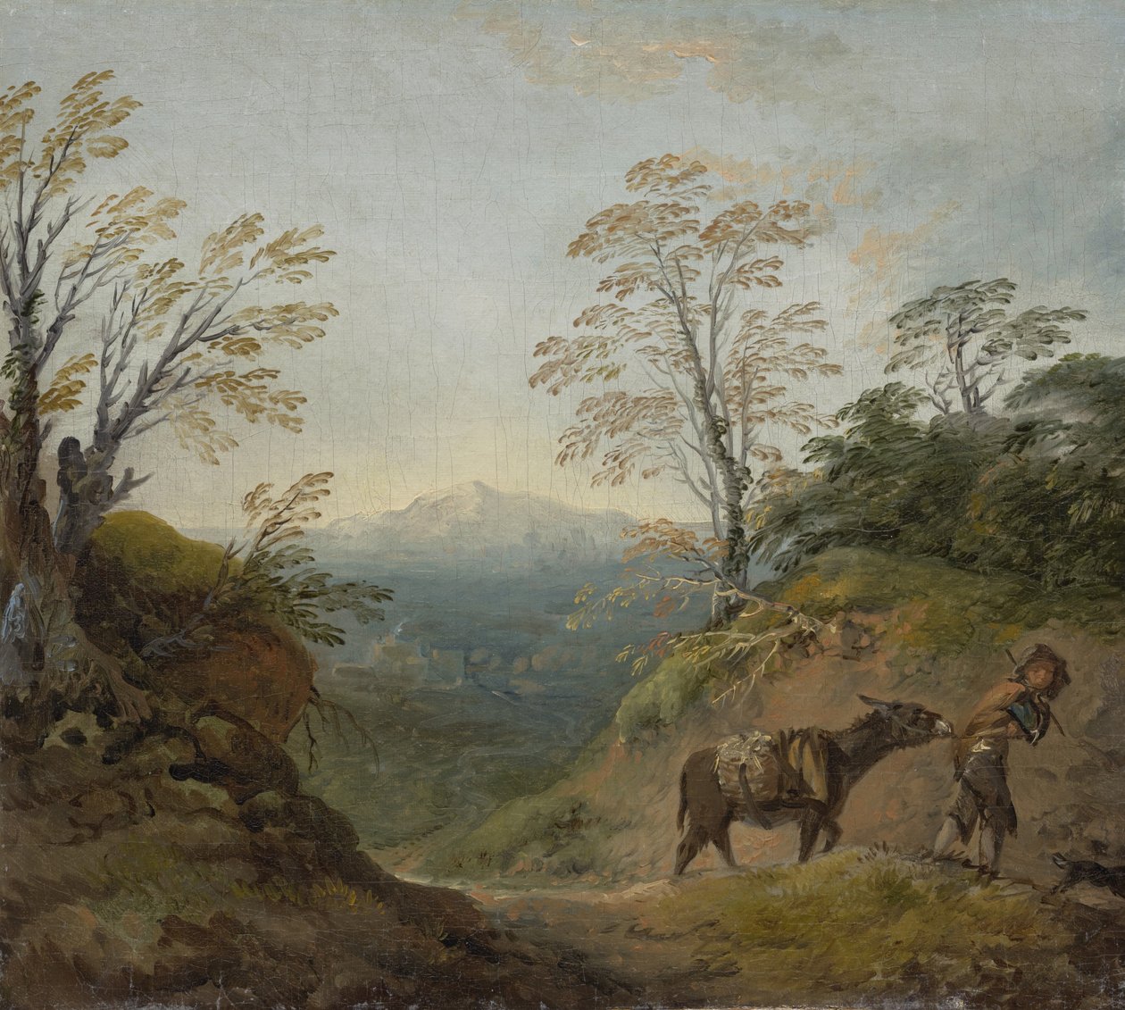 Skogbevuxet landskap med en pojke som leder en åsna och hund, och ett vidsträckt panorama med byggnader och avlägsna kullar, tidigt 1760-tal av Thomas Gainsborough