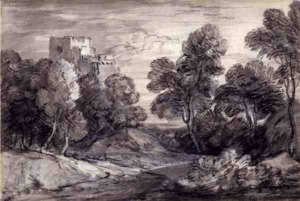 Skogslandskap med slott (krita och kol på papper) av Thomas Gainsborough