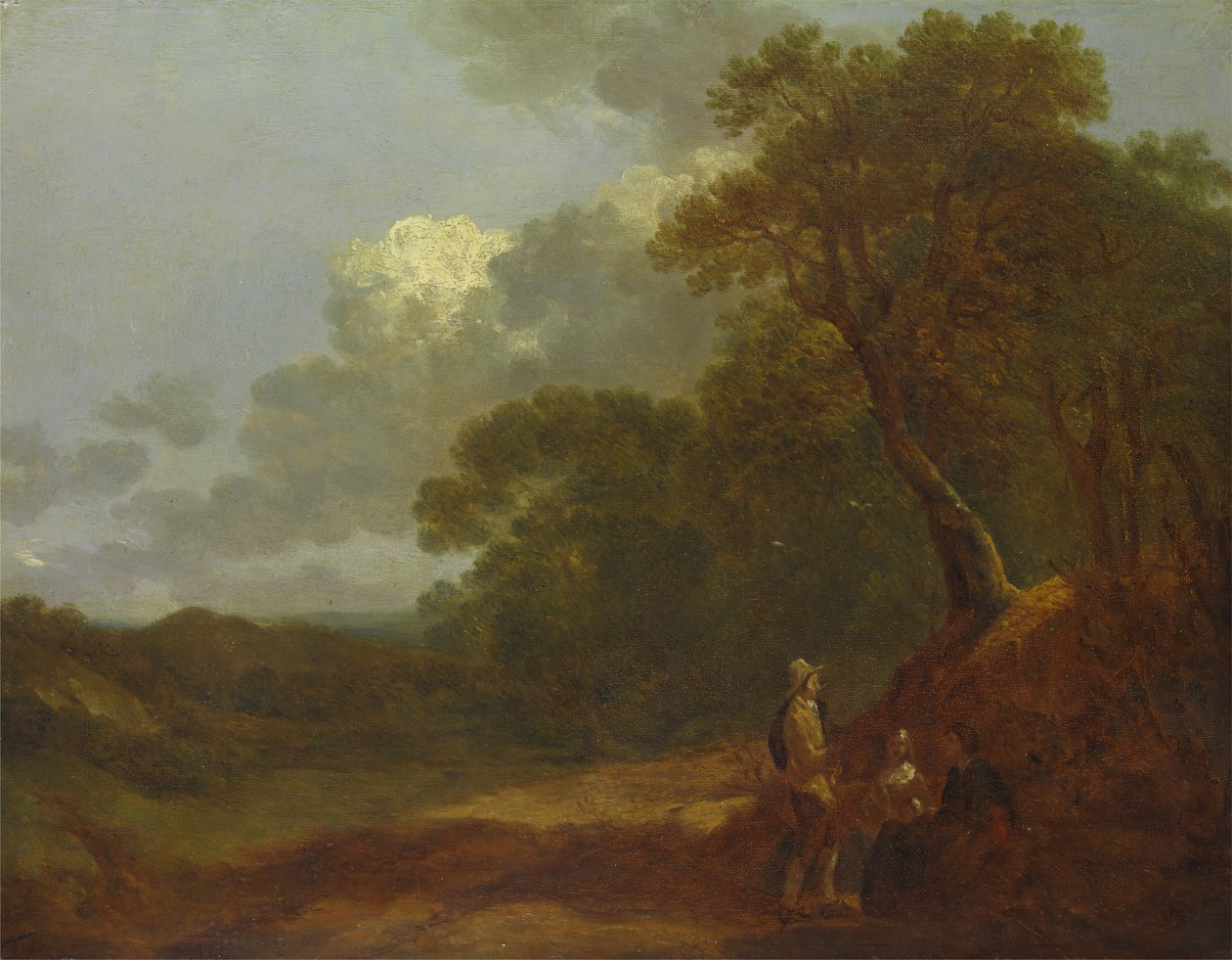 Skogbevuxen landskap med en man som pratar med två sittande kvinnor, ca. 1745. av Thomas Gainsborough