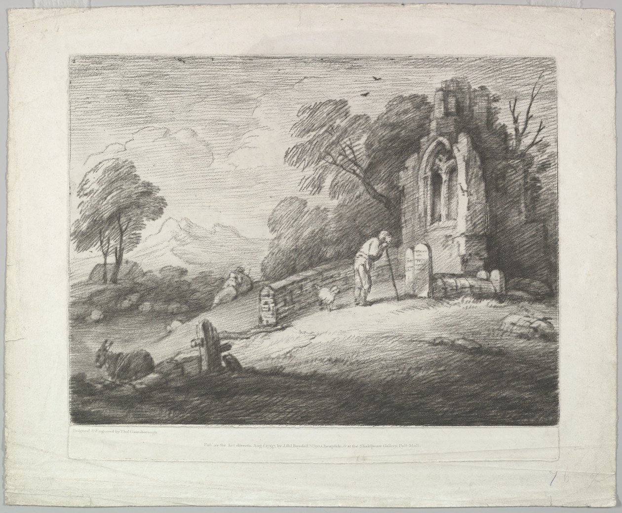 Skogbevuxen landskap med en bonde som läser en gravsten, rustika älskare och en ruin..., 1 augusti 1797. av Thomas Gainsborough