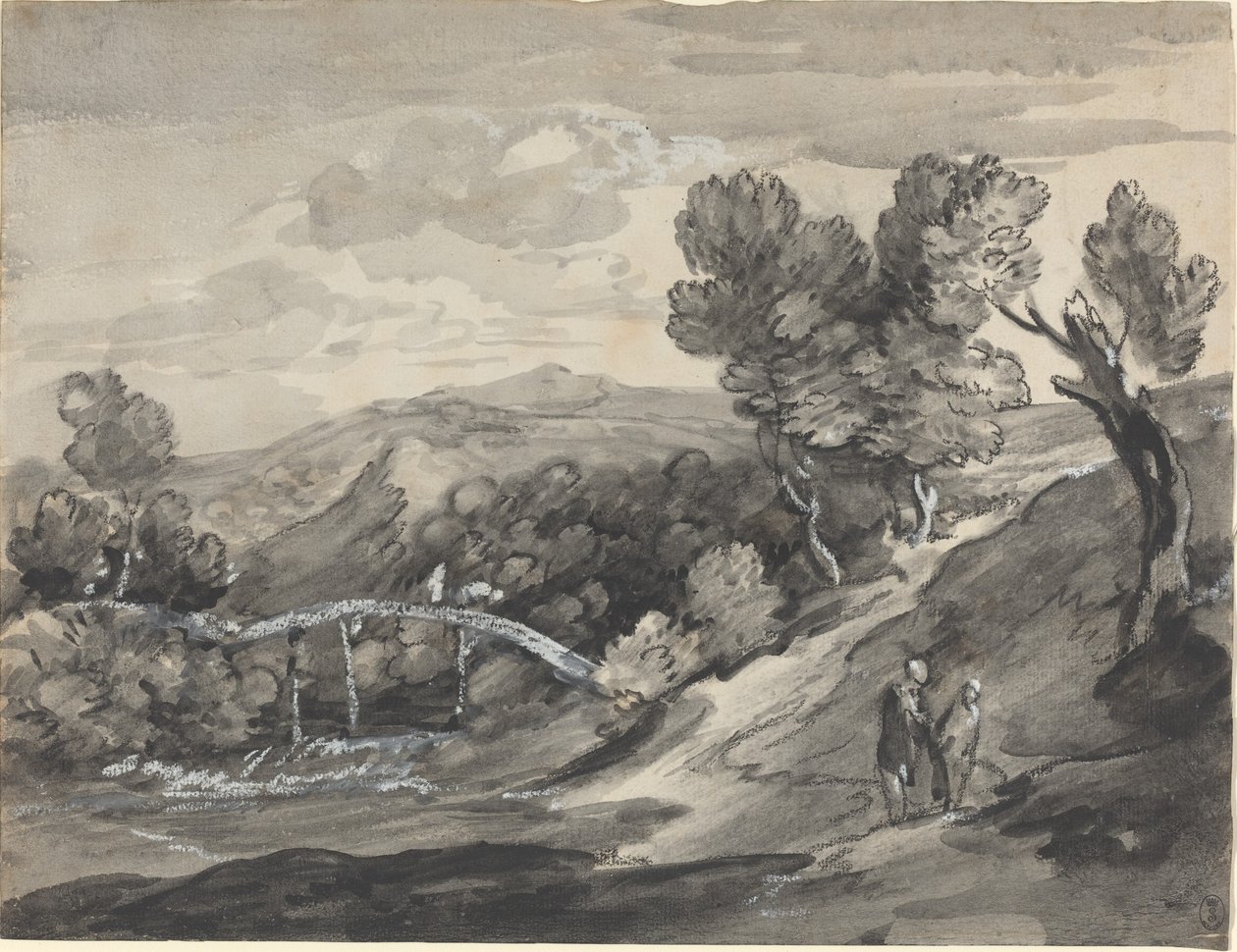 Skogbevuxen bergslandskap med en bro av Thomas Gainsborough