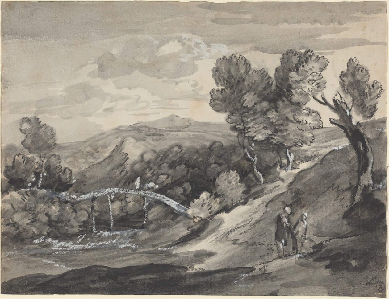 Skogklätt höglandslandskap med en bro av Thomas Gainsborough