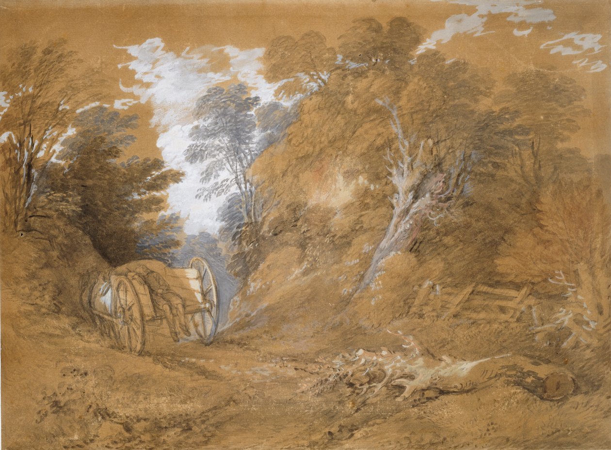 Skogbevuxet landskap med en bondpojke som sover i en vagn, 1700-tal av Thomas Gainsborough