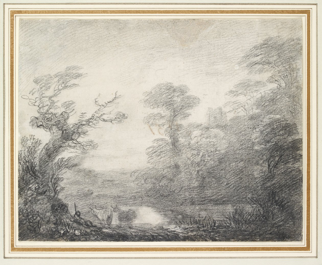 Skogbevuxet landskap med herde, kor och kyrktorn av Thomas Gainsborough