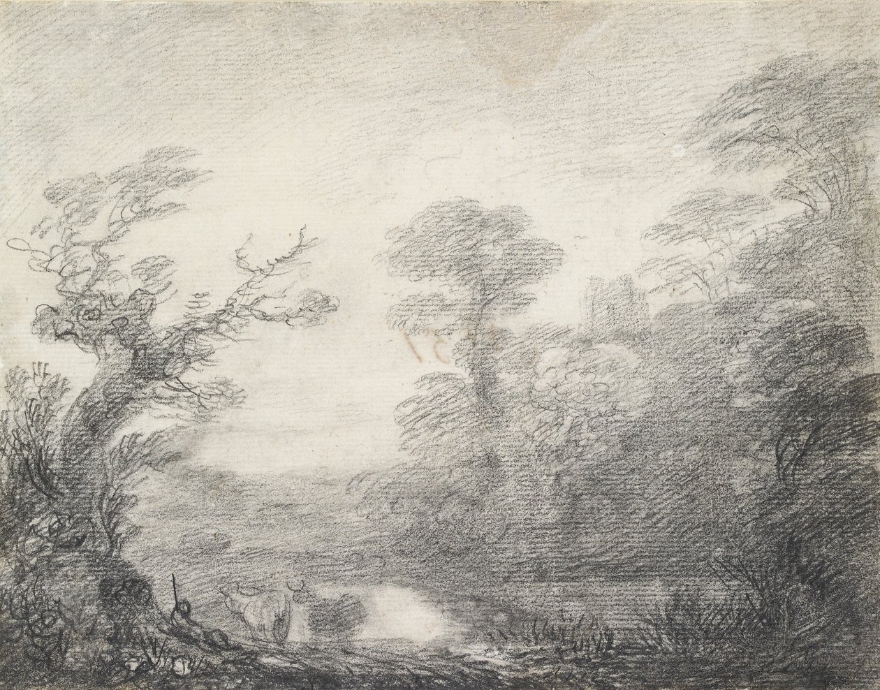 Skogsbevuxet landskap med herde, kor och kyrktorn, 1753-1757 av Thomas Gainsborough