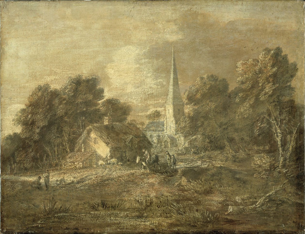 Skogbevuxet landskap med byscen, tidigt 1770-72 av Thomas Gainsborough