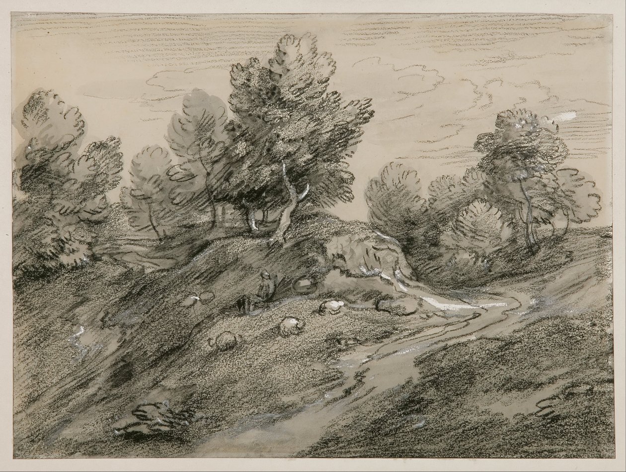 Skogbevuxet höglandslandskap med herde, får och en landsväg som slingrar sig runt en kulle av Thomas Gainsborough