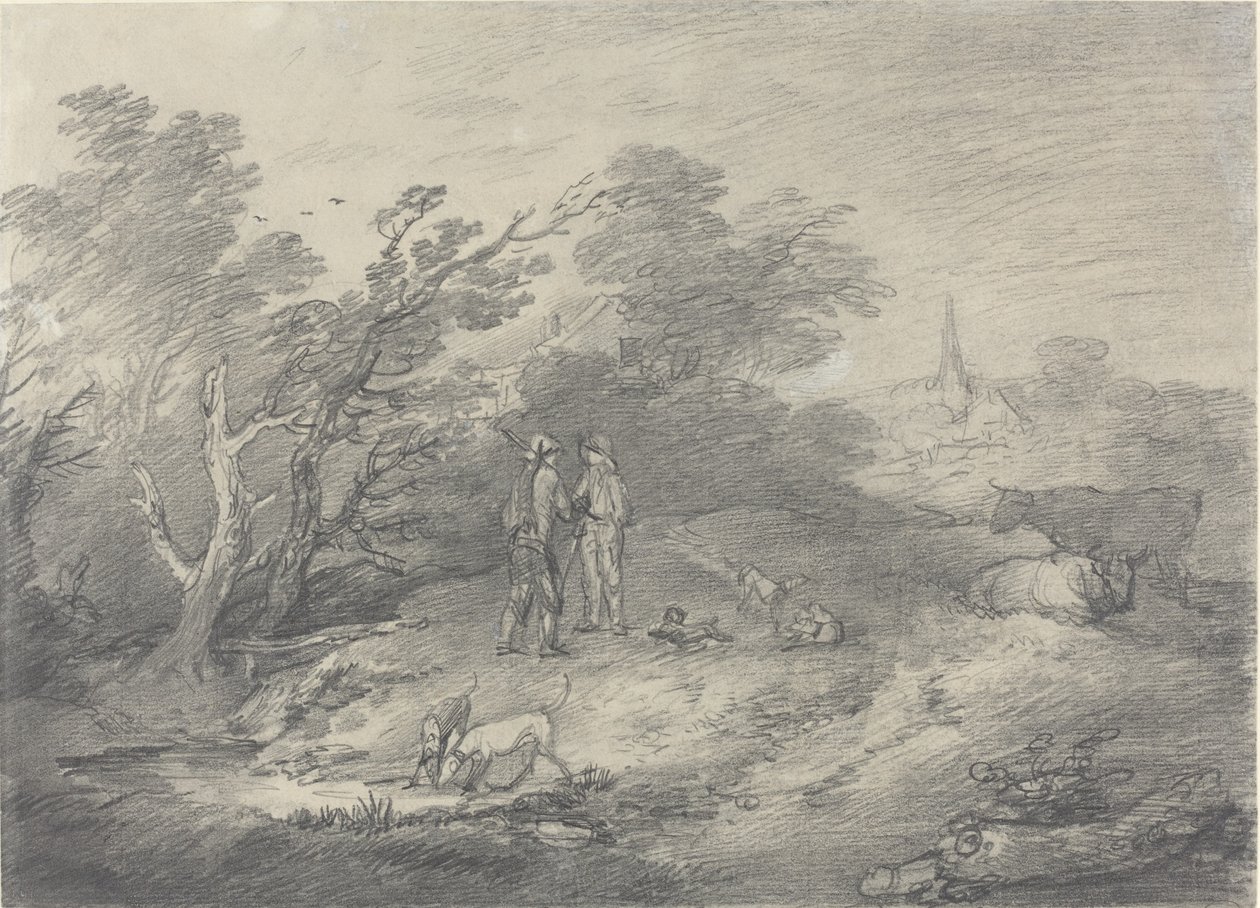 Skogar nära en by med kaninfångare och deras vinthundar av Thomas Gainsborough
