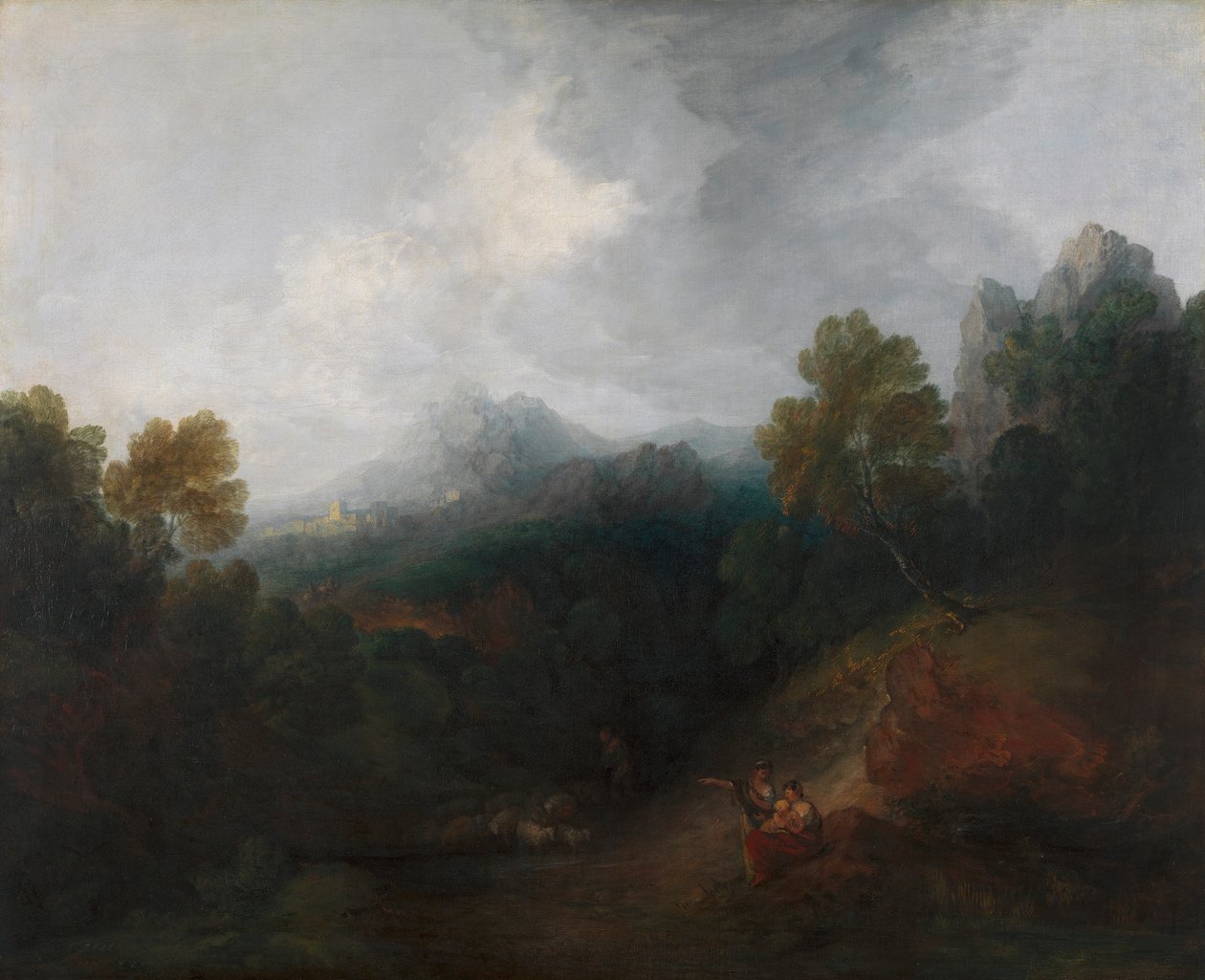 Mountain Valley med figurer och avlägsen by av Thomas Gainsborough RA