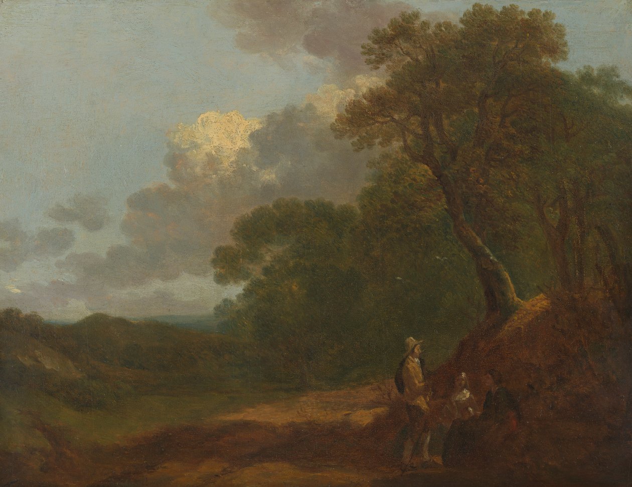 Trädbevuxen landskap med en man som pratar med två sittande kvinnor av Thomas Gainsborough RA
