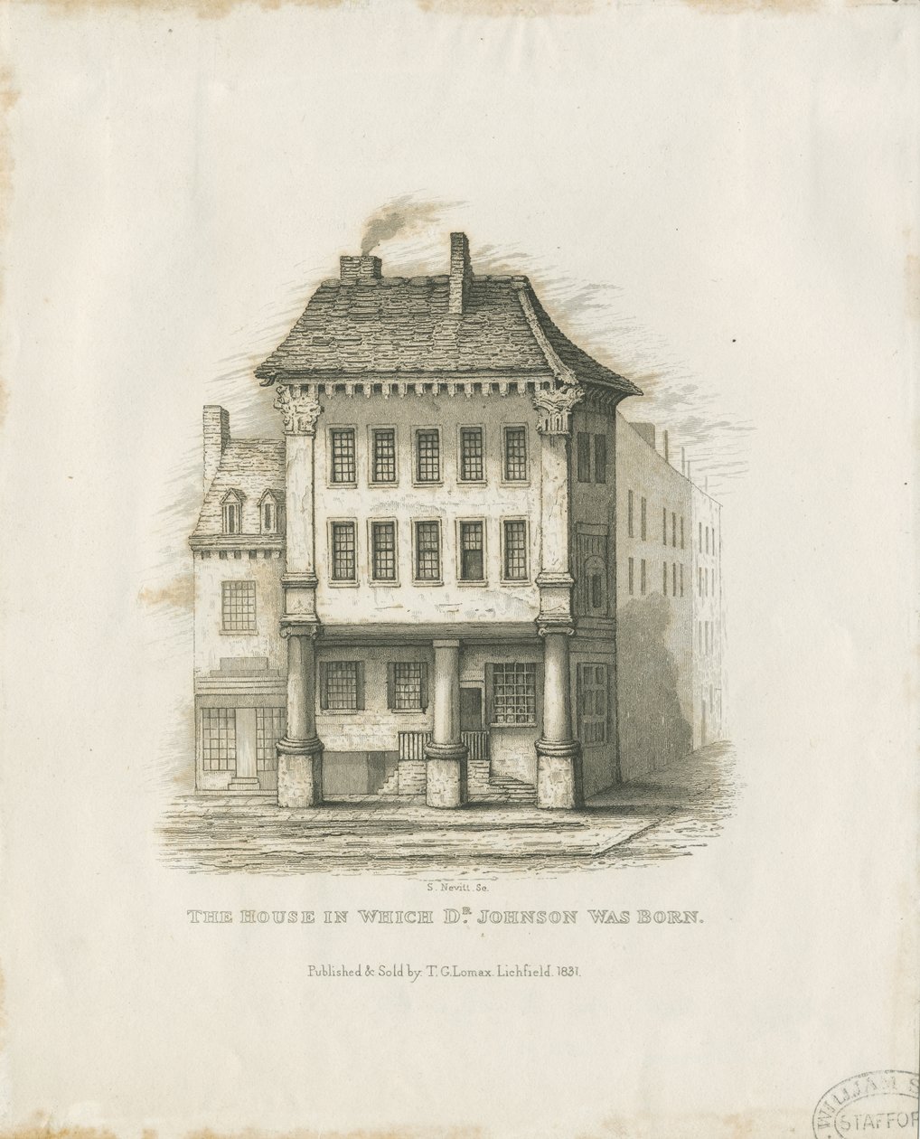 Lichfield - Dr. Johnsons födelseplats: gravyr (vinjeterad), nd [c 1831] (tryck) av Thomas George Lomax