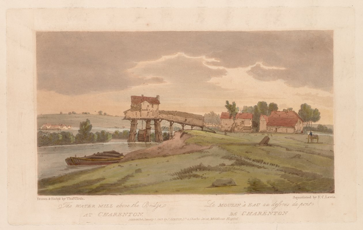 Ett urval av tjugo av de mest pittoreska vyerna i Paris: Vattenkvarnen ovanför bron vid Charenton av Thomas Girtin