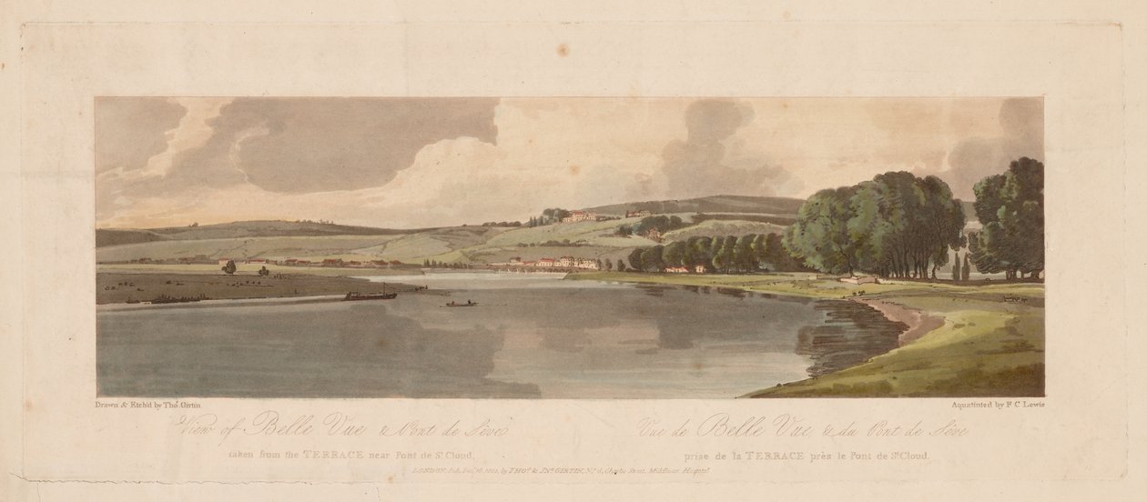 Ett urval av tjugo av de mest pittoreska vyerna i Paris: Vy över Belle Vue & Pont de Sêve tagen från terrassen nära Pont de St. Cloud av Thomas Girtin