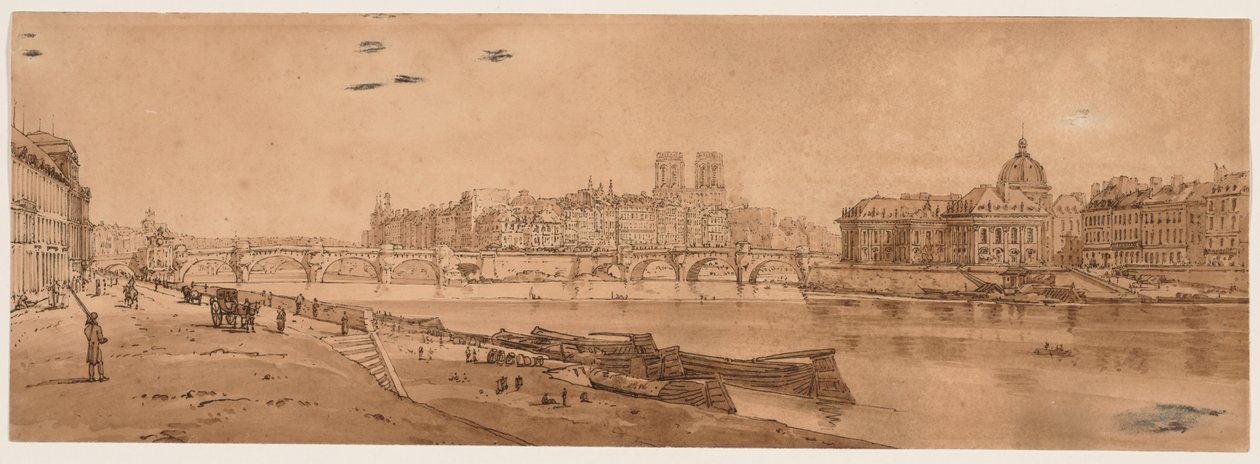 Ett urval av tjugo av de mest pittoreska vyerna i Paris: Vy över Pont Neuf, en del av Louvren, Notre Dame och College of Four Nations av Thomas Girtin