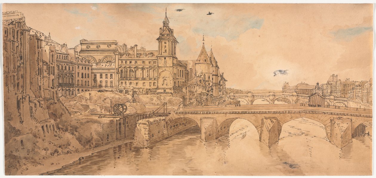 Ett urval av tjugo av de mest pittoreska vyerna i Paris: Utsikt över Pont au Change, Stadsteatern, Pont Neuf, Conciergerie-fängelset och taget från Pont Notre Dame av Thomas Girtin
