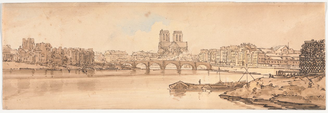 Ett urval av tjugo av de mest pittoreska vyerna i Paris: Vy över Pont de la Tournelle och Notre Dame tagen från Arsenalen av Thomas Girtin