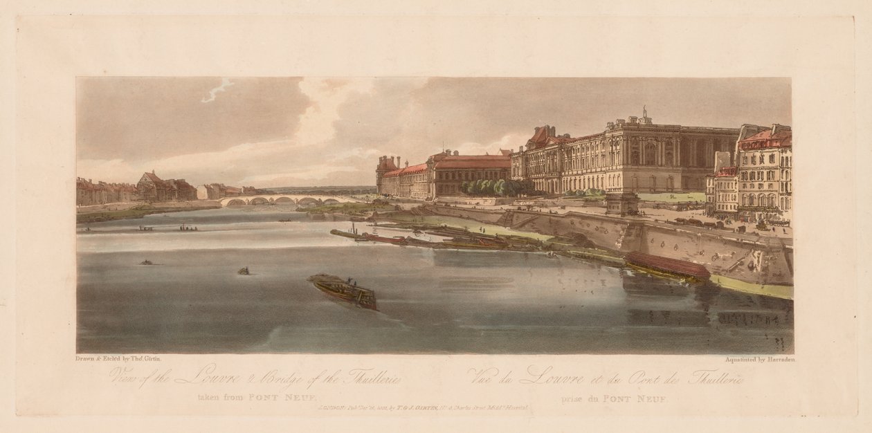 Ett urval av tjugo av de mest pittoreska vyerna i Paris: Utsikt över Louvren och bron över Thuilleries från Pont Neuf av Thomas Girtin