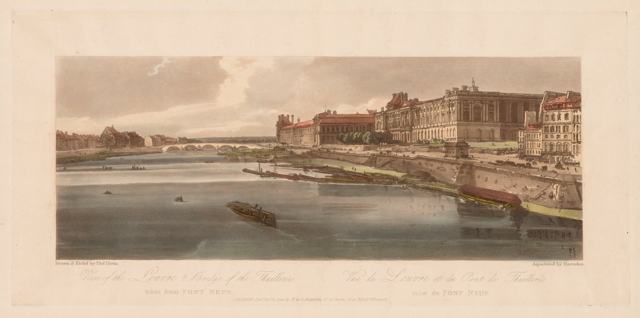 Ett urval av tjugo av de mest pittoreska vyerna i Paris: Utsikt över Louvren och bron, 1802. av Thomas Girtin