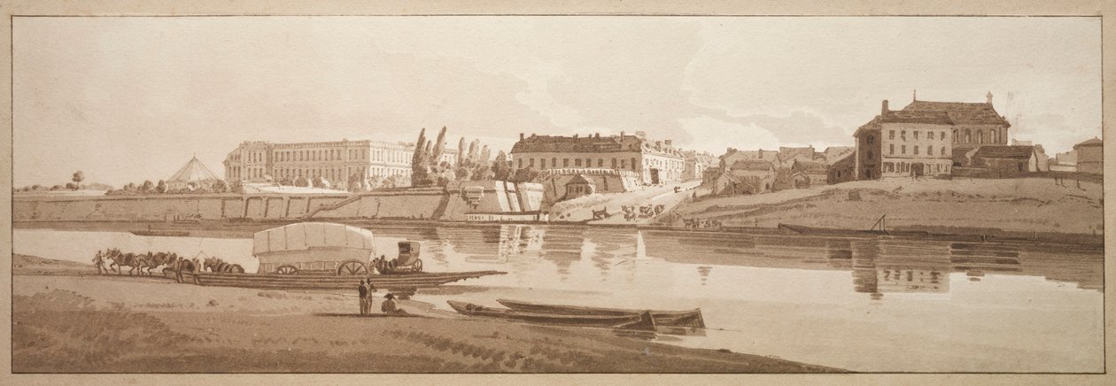 Ett urval av tjugo av de mest pittoreska vyerna i Paris: Utsikt över palatset och byn Choisi vid Seines stränder av Thomas Girtin