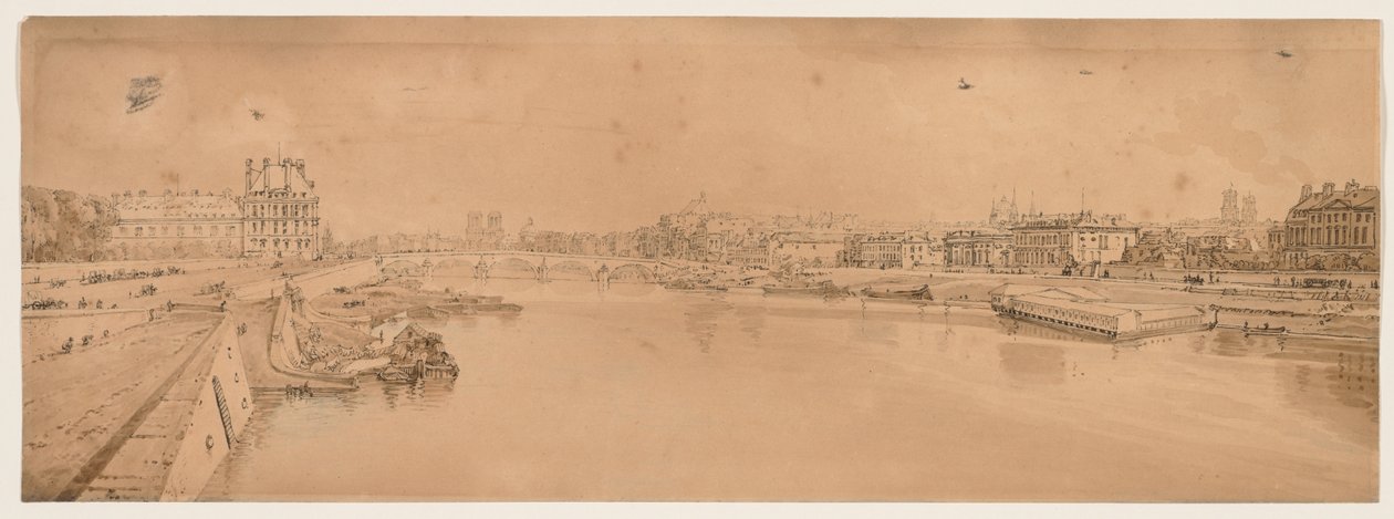 Ett urval av tjugo av de mest pittoreska vyerna i Paris: Utsikt över Tuilerierna och bron från Pont de la Concorde av Thomas Girtin