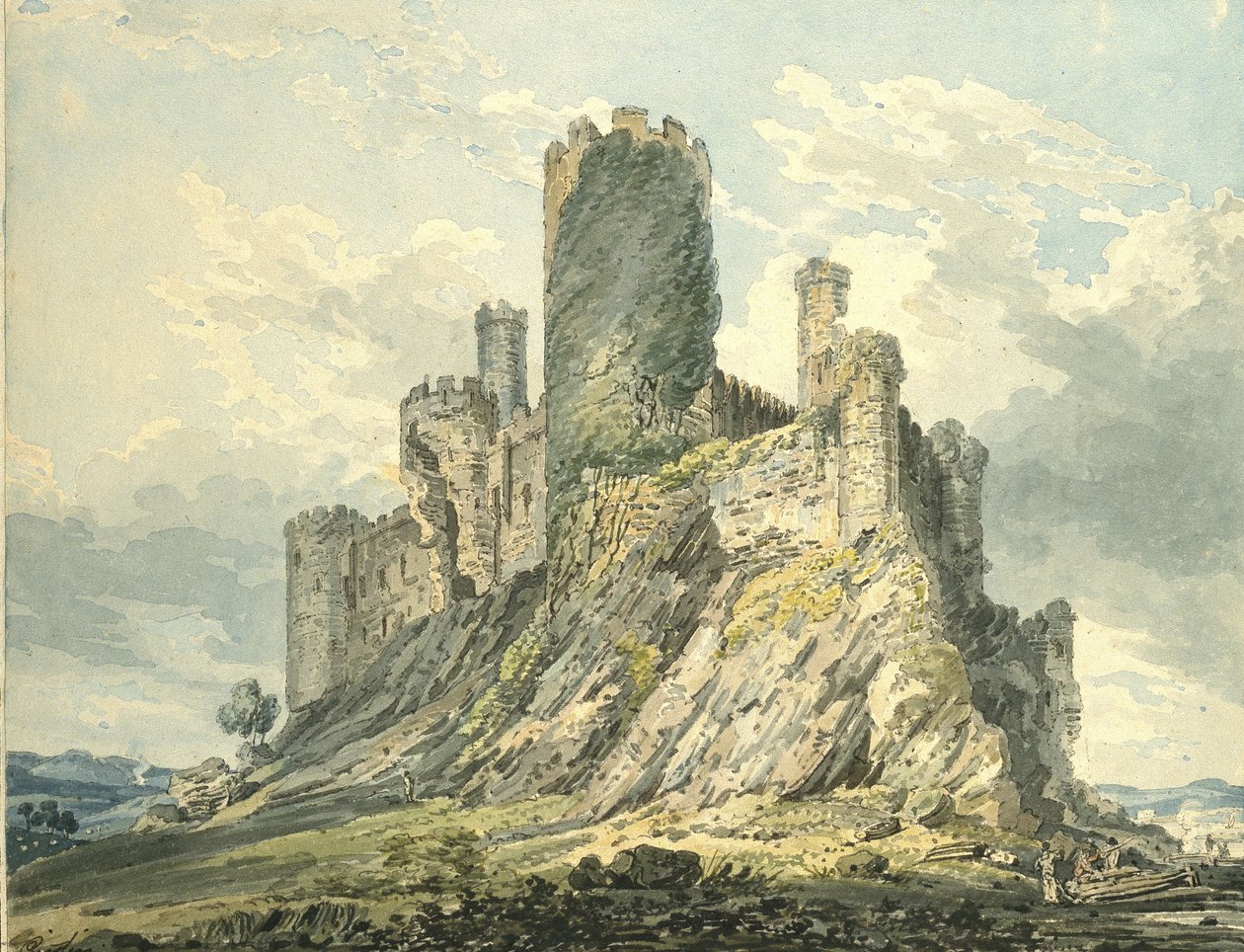 Conway Castle, ca 1793 (akvarell, berörd med vasspennan, över markeringar i grafit) av Thomas Girtin