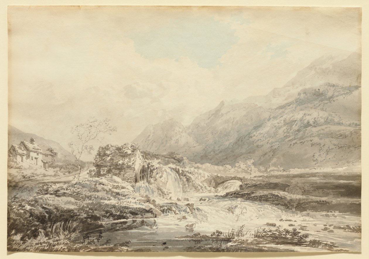 Bergslandskap med överfallskvarn och bro av Thomas Girtin