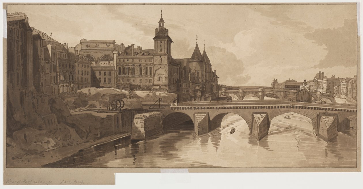 Urval av tjugo av de mest pittoreska vyerna i Paris: View of Pont au Change, 1802. av Thomas Girtin