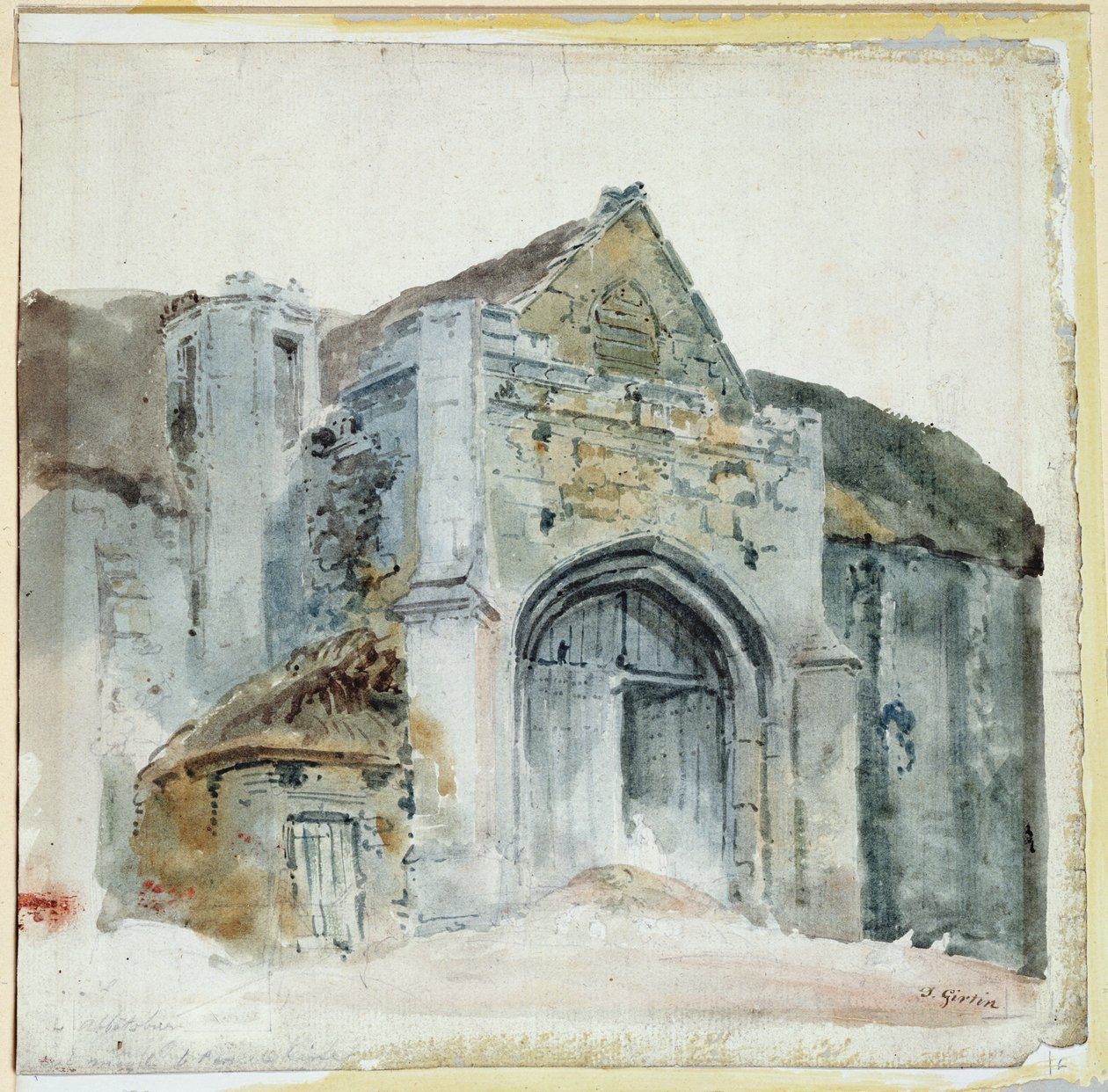 The Tithe Barn, Abbotsbury (akvarell på papper) av Thomas Girtin