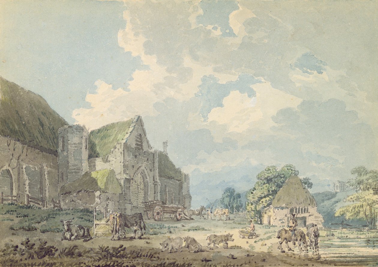 Tithe Barn i Abbotsbury med Abbey på kullen..., ca 1795 (wc över grafit på papper) av Thomas Girtin
