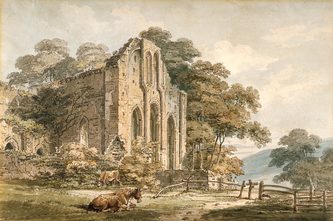 Valle Crucis Abbey, Denbighshire, North Wales (akvarell över penna på vitt vävt papper) av Thomas Girtin