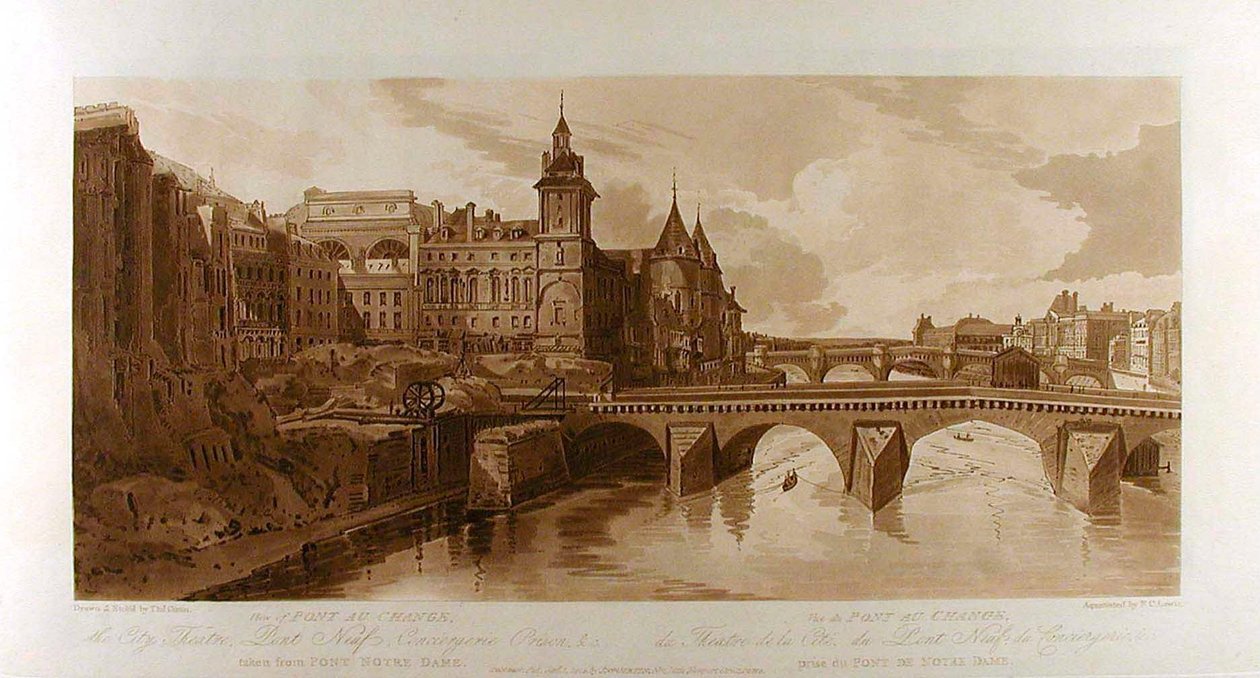 Vy över Pont au Change, Stadsteatern, Pont Neuf, Conciergeriefängelset etc., sedd från Pont Notre-Dame av Thomas Girtin