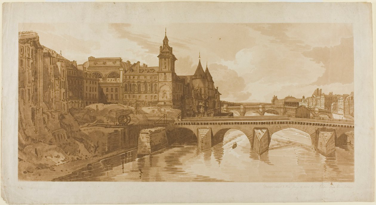 Utsikt över Pont au Change, Stadsteatern, Pont Neuf, Conciergerie-fängelset, etc. tagen från Pont Notre Dame, från ett urval av tjugo av de mest pittoreska vyerna i Paris av Thomas Girtin