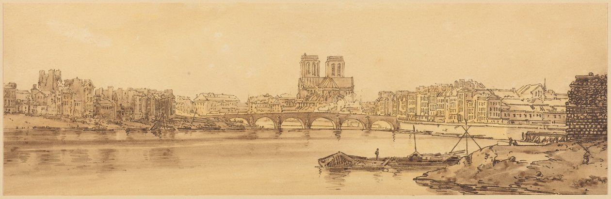 Utsikt över Pont de la Tournelle och Notre-Dame sedd från Arsenalen: plansch 11 av Thomas Girtin