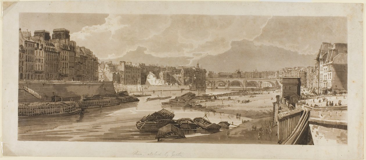 Utsikt över staden med Louvren, etc., tagen från Pont Marie, från ett urval av tjugo av de mest pittoreska vyerna i Paris av Thomas Girtin
