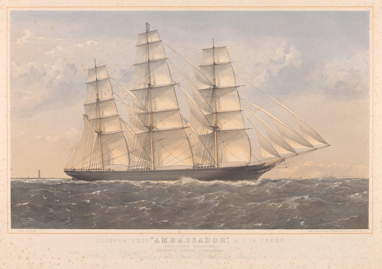 Clipper Ship Ambassador, A.1. 16 år... William Lund Esquire  others (ägare) William Walker Esquire (byggare) av Thomas Goldsworth Dutton