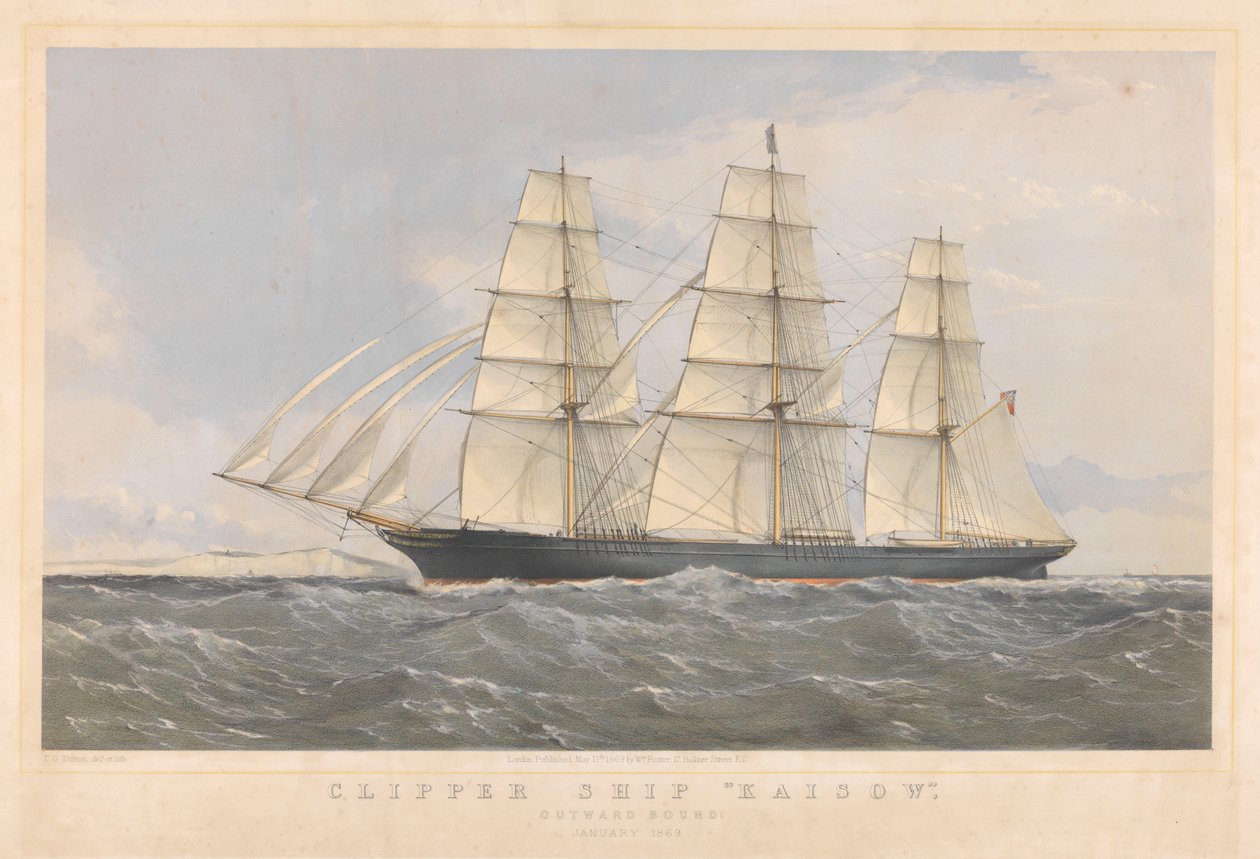 Clipperfartyget Kaisow på väg ut, januari 1869, ca 1868-74 (färglitografi) av Thomas Goldsworth Dutton