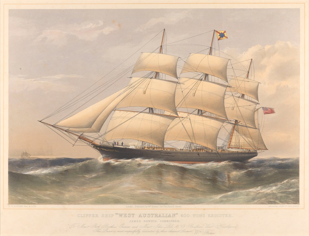 Clipper Ship West Australian 600 Tons Register, ca 1857-60 (litografi, färglagd) av Thomas Goldsworth Dutton