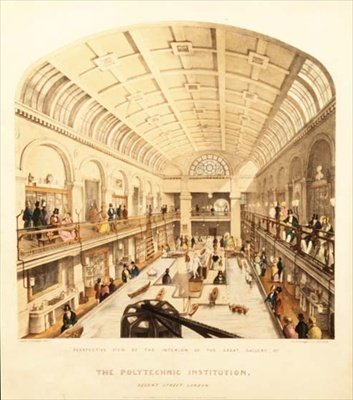 Interiörvy av det stora galleriet vid Polytechnic Institution, Regent Street, ca 1838 (färg litho) av Thomas Goldsworth Dutton