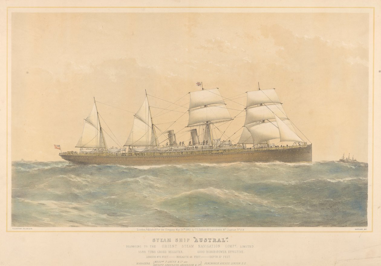 Ångfartyget Austral tillhörande Orient Steam Navigation Company Limited, ca 1868-74 (färglitografi) av Thomas Goldsworth Dutton