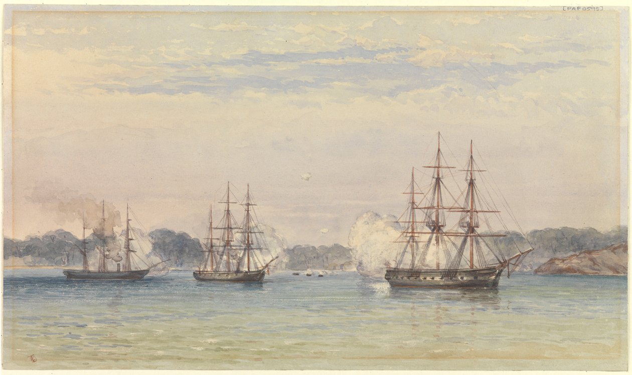 Kinakriget 1857, tre av HM:s fartyg bombarderar och fartygsbåtar vid kusten av Thomas Goldsworth Dutton