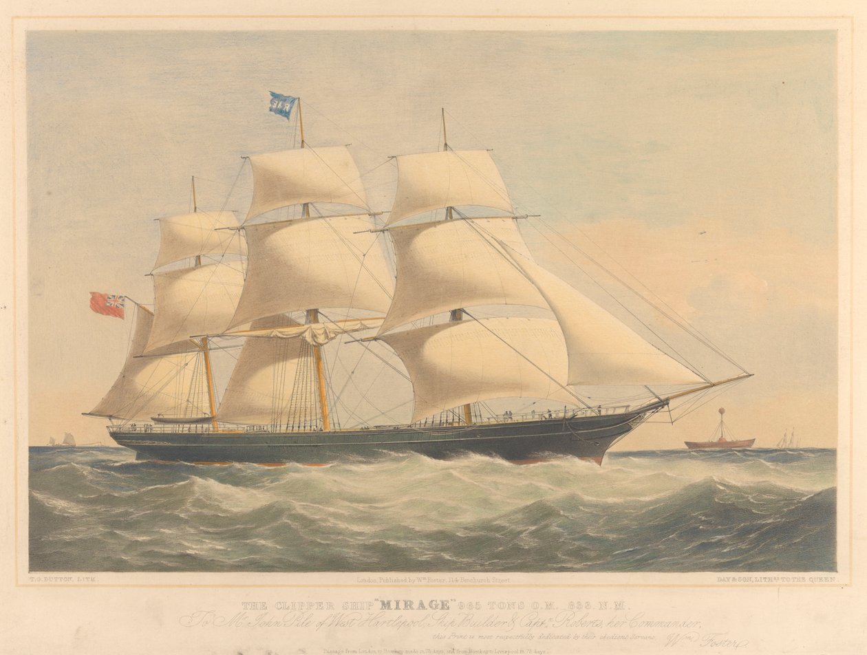 Clipperfartyget Mirage, 965 ton, ca 1853-57 (litografi, färglagd) av Thomas Goldsworth Dutton