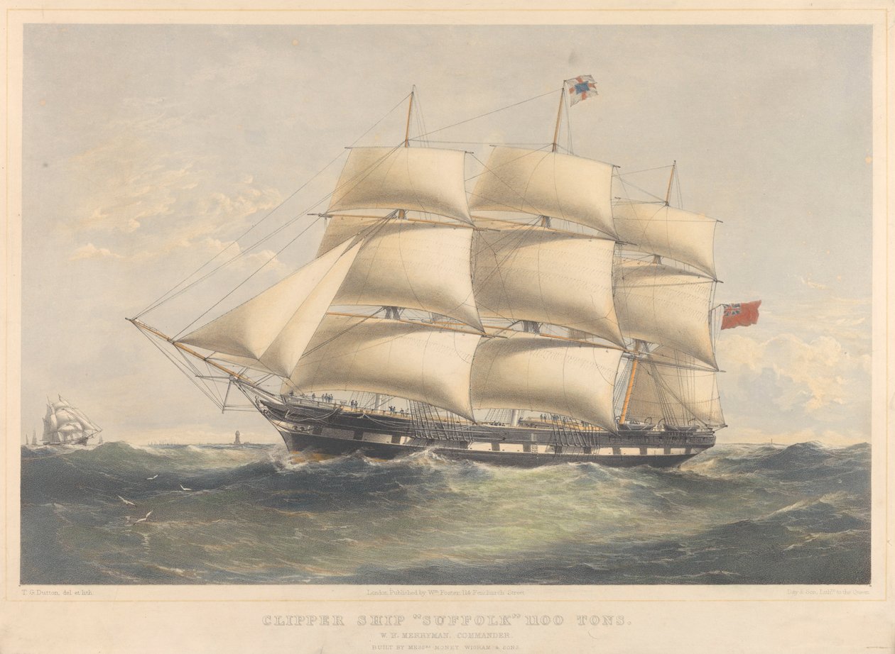 Clipperfartyget Suffolk 1100 ton, ca 1857-60 (litografi, färglagd) av Thomas Goldsworth Dutton