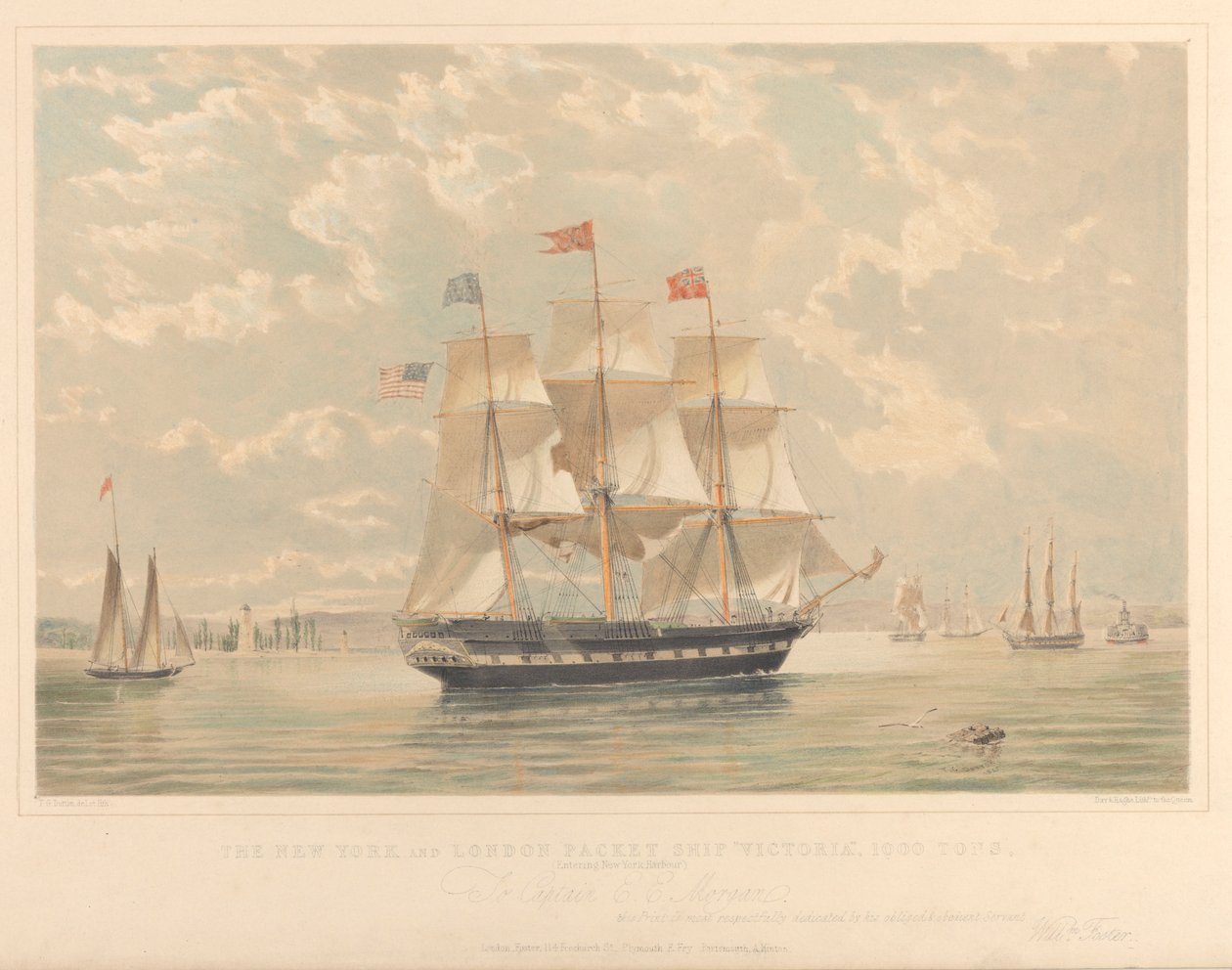 New York and London Packet-fartyget Victoria (på väg in i New Yorks hamn), ca 1839-44 (litografi, färglagd) av Thomas Goldsworth Dutton