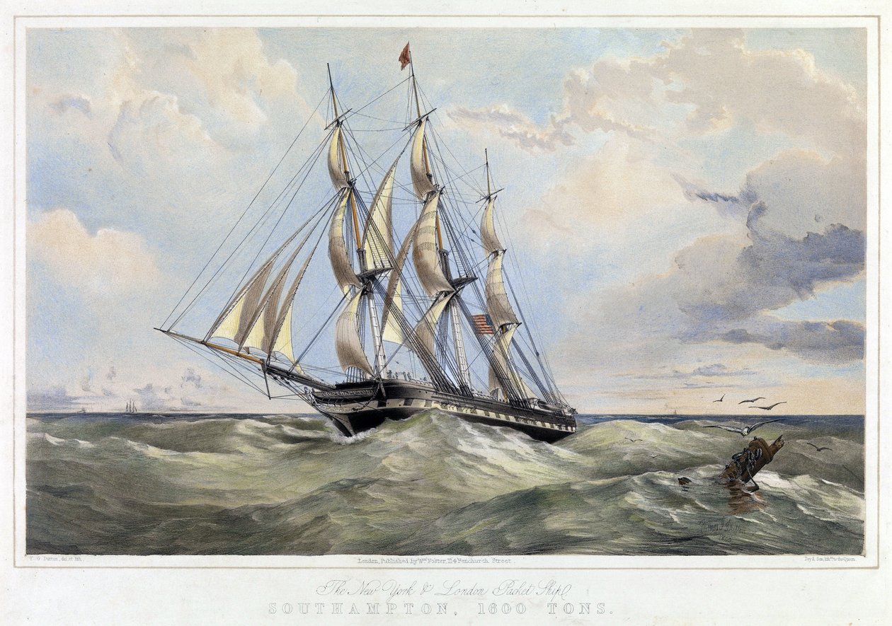 The New York line segelbåt (USA) London (England), Southampton (kapacitet 1600 ton). Färglitografi av Thomas Goldsworth Dutton (1819-1891) av Thomas Goldsworth Dutton