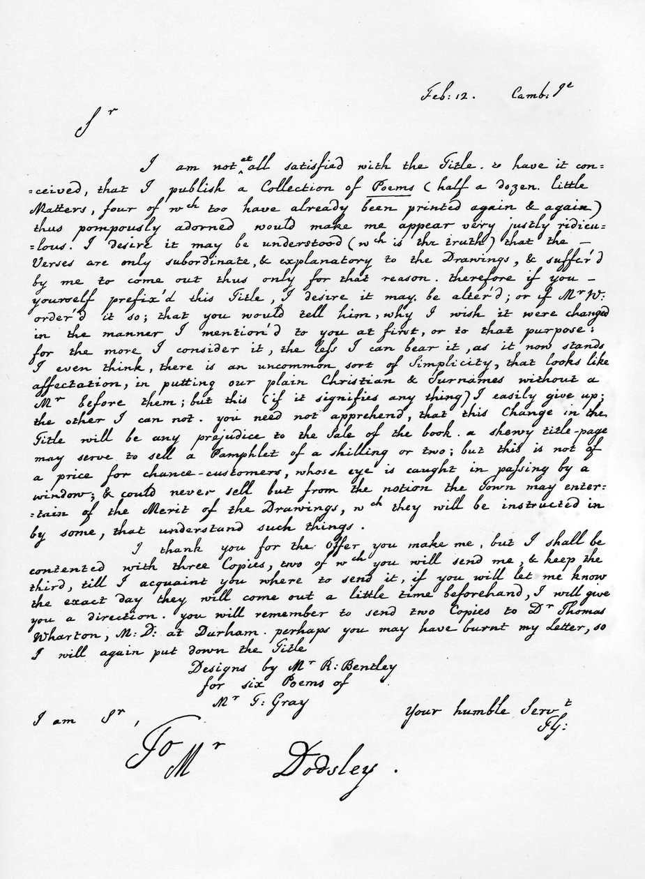 Brev från Thomas Gray angående utgåvan av hans poetiska stycken, c1753, 1840 av Thomas Gray