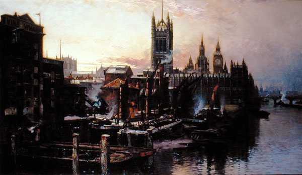 Utsikt över Houses of Parliament från Themsen, London (olja på duk) av Thomas Greenhalgh
